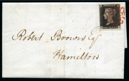 Stamp of Great Britain » 1840 1d Black and 1d Red plates 1a to 11 1840 (Jul 6) Entire from Edinburgh to Hamilton with 1840 1d grey black pl.1a TJ and black Mae West "TOO LATE" handstamp