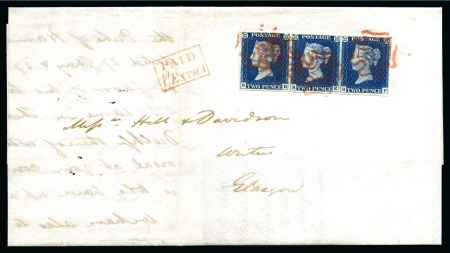 Stamp of Great Britain » 1840 2d Blue (ordered by plate number) 1840 (Oct 6) Entire from from Edinburgh to Glasgow with 1840 2d Bright blue pl.1 RD-RF horizontal strip of three