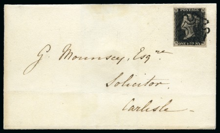 Stamp of Great Britain » 1840 1d Black and 1d Red plates 1a to 11 1841 (Mar 12) Wrapper from Keswick to Carlisle with 1840 1d black pl.5 NG, good to large margins, tied by crisp black MC