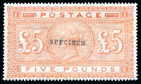 1867-83 £5 Orange pl.1 CE on blued paper "SPECIMEN" type 9 overprint
