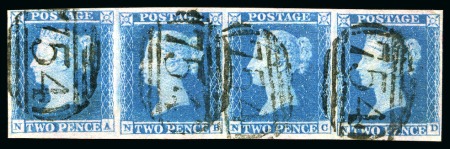 Stamp of Great Britain » 1841 2d Blue 1851 2d Violet Blue pl.4 NA-ND on thicker lavender tinted paper in horizontal strip of four