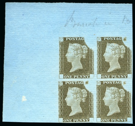 Stamp of Great Britain » Line Engraved Essays, Plate Proofs, Colour Trials and Reprints 1841 1d Rainbow Trial, state 3, in dark olive-green on thick laid paper dipped in prussiate of potash in top left corner marginal block of four