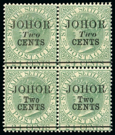Stamp of Malaysia » Malaysian States » Johor 1891 (May) 2c on 24c green with INVERTED WATERMARK in mint og block of 4 with types 18 and 19 se-tenant