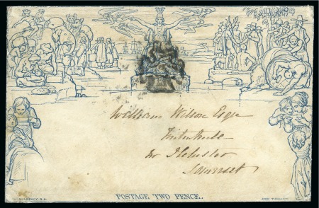 Stamp of Great Britain » 1840 Mulreadys & Caricatures 1841 (Jan 18) 2d Mulready envelope, Forme 1, stereo a200, sent from Jersey to Ilchester cancelled contrary to regulations by a black MC