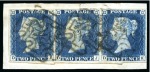 1840 2d Blue pl.1 SJ-SK horizontal strip of three tied to piece by black distinctive Dublin MC
