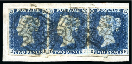 Stamp of Great Britain » 1840 2d Blue (ordered by plate number) 1840 2d Blue pl.1 SJ-SK horizontal strip of three tied to piece by black distinctive Dublin MC