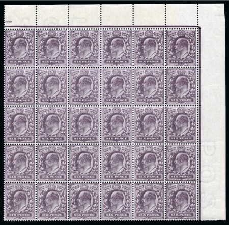 1902-10 De La Rue 6d slate purple (O) mint nh corner marginal block of thirty
