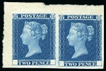 1841 2d Blue trial without corner letters in top left hand corner marginal horizontal pair