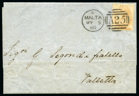 Stamp of Malta 1868 (May 5) Entire sent within Valletta with 1863-81 1/2d orange-brown, wmk CC, perf 14, 9th printing