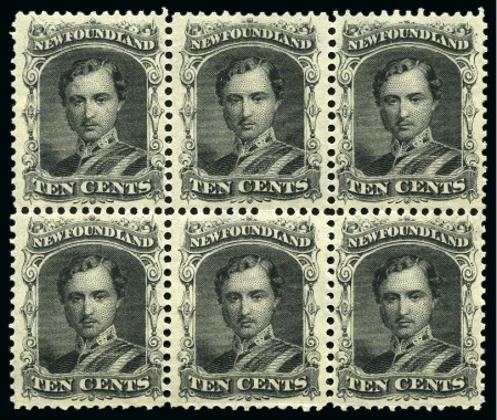1865-71 Prince Consort 10c black, thin yellowish paper, in mint og block of six