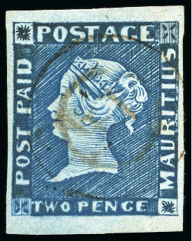Stamp of Mauritius » 1848-59 Post Paid Issue » Intermediate Impressions (SG 10-15) 1848-59 Post Paid 2d blue (towards deep blue) on bluish paper, (early) intermediate impression, used