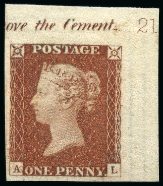 Stamp of Great Britain » 1841 1d Red 1841 1d Red-Brown pl.21 AL imperforate imprimatur from the top right hand corner