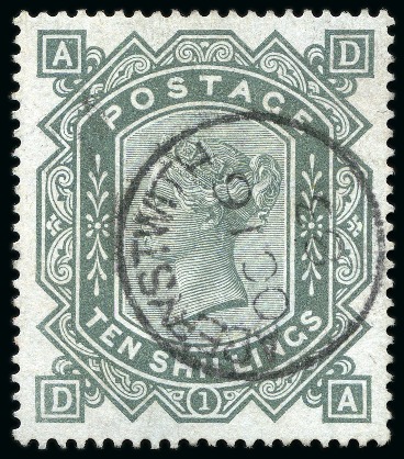 1867-83 Wmk Anchor 10s grey-green pl.1 DA on blued paper neatly cancelled by a Aberystwith cds