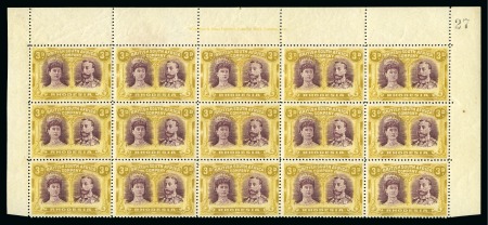 Stamp of Rhodesia 1910-13 Double Heads 3d maroon and ochre (RSC 'B') in mint og block of 15