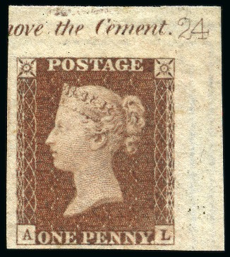 Stamp of Great Britain » 1841 1d Red 1841 1d Red-Brown pl.24 AL imperforate imprimatur top right hand corner marginal