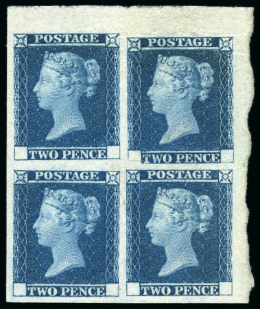Stamp of Great Britain » Line Engraved Essays, Plate Proofs, Colour Trials and Reprints 1841 2d Blue trial without corner letters in top right corner marginal block of four