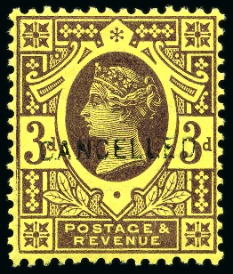1887 Jubilee 3d purple on yellow with "CANCELLED" type 14 overprint