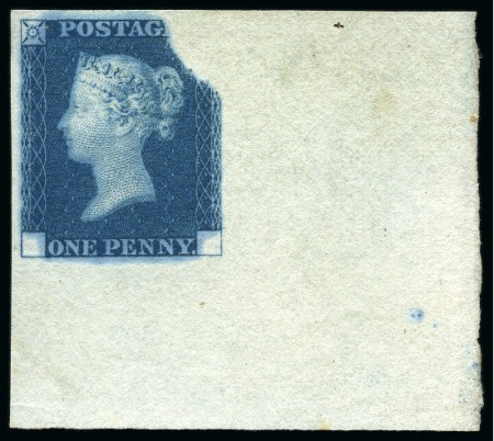 Stamp of Great Britain » Line Engraved Essays, Plate Proofs, Colour Trials and Reprints 1840 1d Rainbow trial, state 3, in deep blue on stout white wove paper in top right corner marginal single