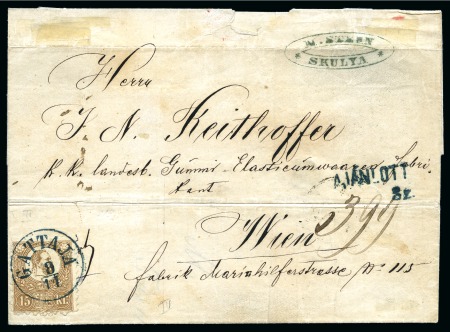 1871 Lithographed 15Kr brown tied by blue GATTAJA 9/11