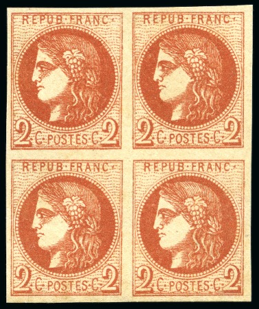 Stamp of France 1870 2c Bordeaux en bloc de 4, neuf, TB