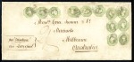 1855 (Apr 19) Large envelope from Whitehaven to Australia with 1847 1s pale green in block of six and two vertical strips of three