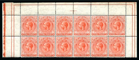 1912-20 KGV 1d Orange-Vermilion line perf.14 mint og top marginal block of 12