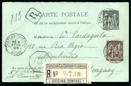 1899 URUGUAY Entier 10c Sage en recommandé de Chateau-Thierry