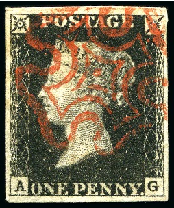 Stamp of Great Britain » 1840 1d Black and 1d Red plates 1a to 11 1840 1d Black pl.6 AG with good to large margins, crisp red MC (showing dot in centre)