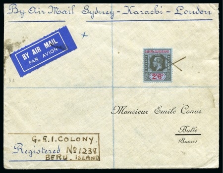 1934 (Jun 2) Airmail from Beru Island to Switzerland with 1912-24 2s6d tied by pen cross