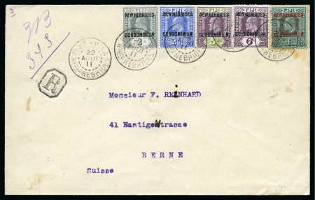 Stamp of New Hebrides 1911 (Aug 22) Envelope sent registered to Switzerland with 1910 2d, 2 1/2d, 5d, 6d and 1s tied by Port-Villa double circle ds