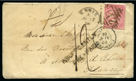 1858 (Jun 17) Envelope from Ennis, Ireland, with 1855-57 wmk Large Garter 4d rose-carmine, with "INSUFFICIENTLY PRE-PAID" hs