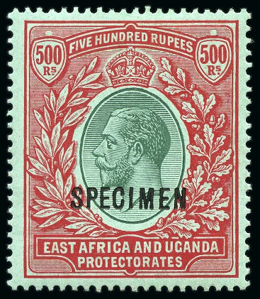 Stamp of Kenya, Uganda and Tanganyika » Kenya, Uganda and Tanganyika 1912-21 Wmk Multi Crown 500R green & red on green with SPECIMEN overprint