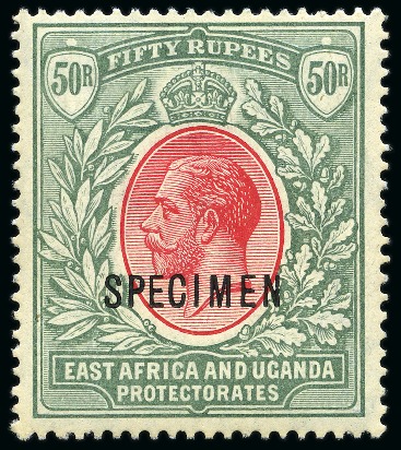 Stamp of Kenya, Uganda and Tanganyika » Kenya, Uganda and Tanganyika 1912-21 Wmk Multi Crown 1c to 50R short set with SPECIMEN overprint incl. both the extra paper shades for the 25c and 75c