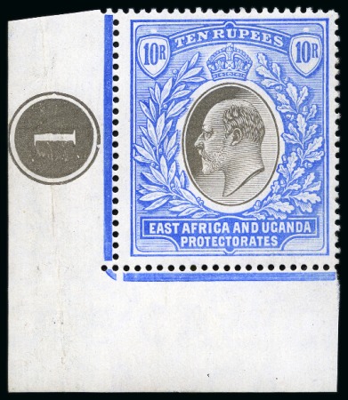 Stamp of Kenya, Uganda and Tanganyika » Kenya, Uganda and Tanganyika 1904-07 Wmk Multi Crown CA 10r grey and ultramarine, mint lower left corner marginal single showing plate number