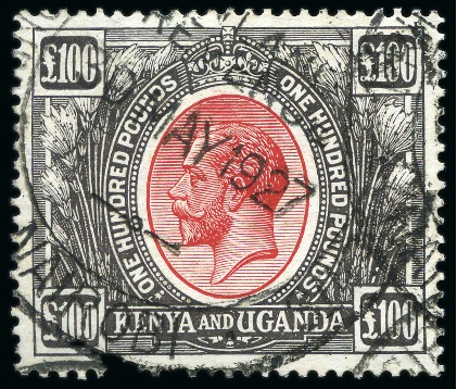 Stamp of Kenya, Uganda and Tanganyika » Kenya, Uganda and Tanganyika 1922-27 £100 Red & Black cancelled by large Nairobi Inland Revenue fiscal cancel