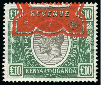 Stamp of Kenya, Uganda and Tanganyika » Kenya, Uganda and Tanganyika 1922-27 £10 Black & Green cancelled by red embossed "KENYA / REVENUE" dated fiscal cancel