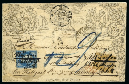 Stamp of Great Britain » 1840 Mulreadys & Caricatures 1858 (Jan 3) 1d Mulready envelope, stereo A156, SENT FROM PARIS to Germany, with French Empire 10c bistre and 20c blue