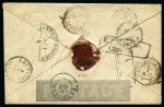 1858 (Jan 3) 1d Mulready envelope, stereo A156, SENT FROM PARIS to Germany, with French Empire 10c bistre and 20c blue