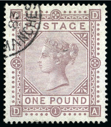 1867-83 Wmk Anchor £1 brown-lilac DA on blued paper, very neat partial cds at the top left corner