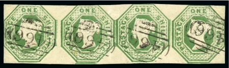 1847-54 Embossed 1s green strip of four with neat "466" numerals