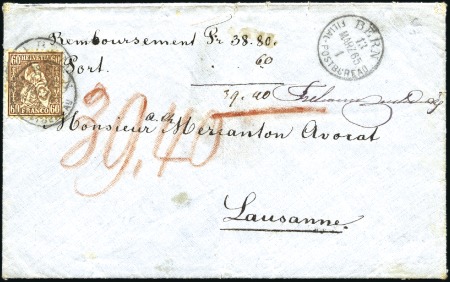 1857-62 60c kupferbronze entwertet BERN 13 MÄRZ 65 auf NN-Kuvert nach Lausanne