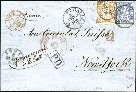 Stamp of Switzerland / Schweiz » Sitzende Helvetia Gezaehnt » Destinationen USA 1865: 1Fr goldbronze und 10C blau