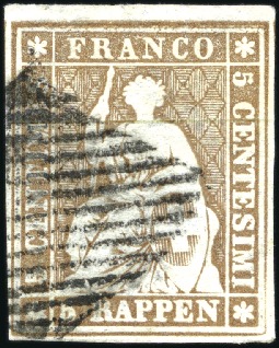 Stamp of Switzerland / Schweiz » Sitzende Helvetia Ungezähnt » III. Periode, dünnes Seidenpapier 5Rp mattgraubraun, sehr sauber mit Raute entwertet