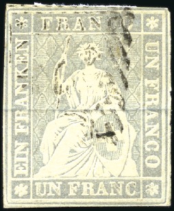 Stamp of Switzerland / Schweiz » Sitzende Helvetia Ungezähnt » 1856-57 Berner Druck (II) 1Fr violettgrau mit schwarzer Raute