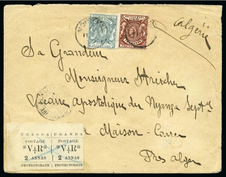 1899 (Jan) Cover to Algeria with 1896 (Nov) typeset 2a black upper left corner horizontal pair in combination with B.E.A. 1896-1901 2a and 3a