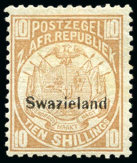 Stamp of Swaziland 1889-90 10s dull chestnut, type 1 overprint on Transvaal, mint large part og