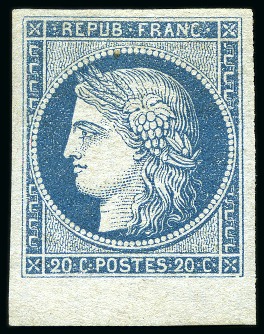 Stamp of France 1849 NON EMIS 20c bleu sur azuré, neuf avec petit