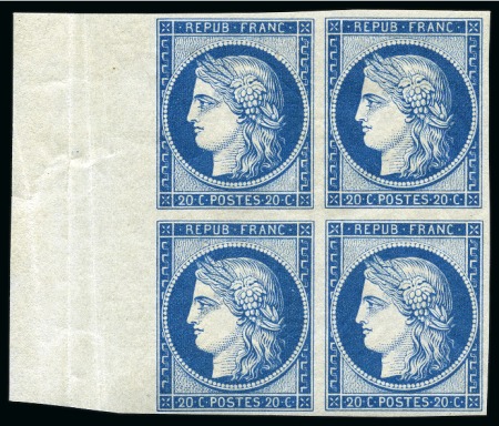 Stamp of France 1849 NON EMIS 20c bleu, Réimpression de 1862 en bloc