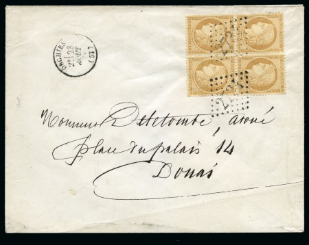 Stamp of France 1870 10c Siège en bloc de 4 obl. GC 2734 sur lettre