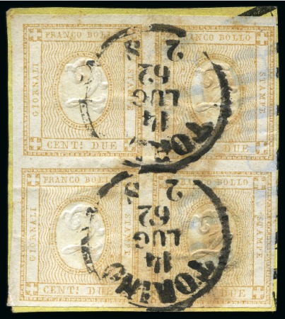Stamp of Italy 1862 Numeral 2c Bister in block of four, tied to small